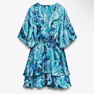 Zara Turquoise and White Paisley Blouse Dress
